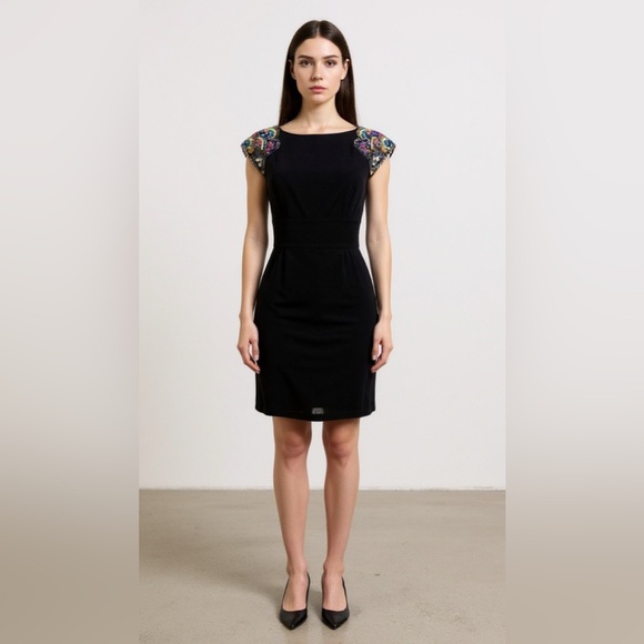 Trina Turk Black Mini Dress with Colorful beaded and embroidered Sleeves size 4 - Picture 1 of 5